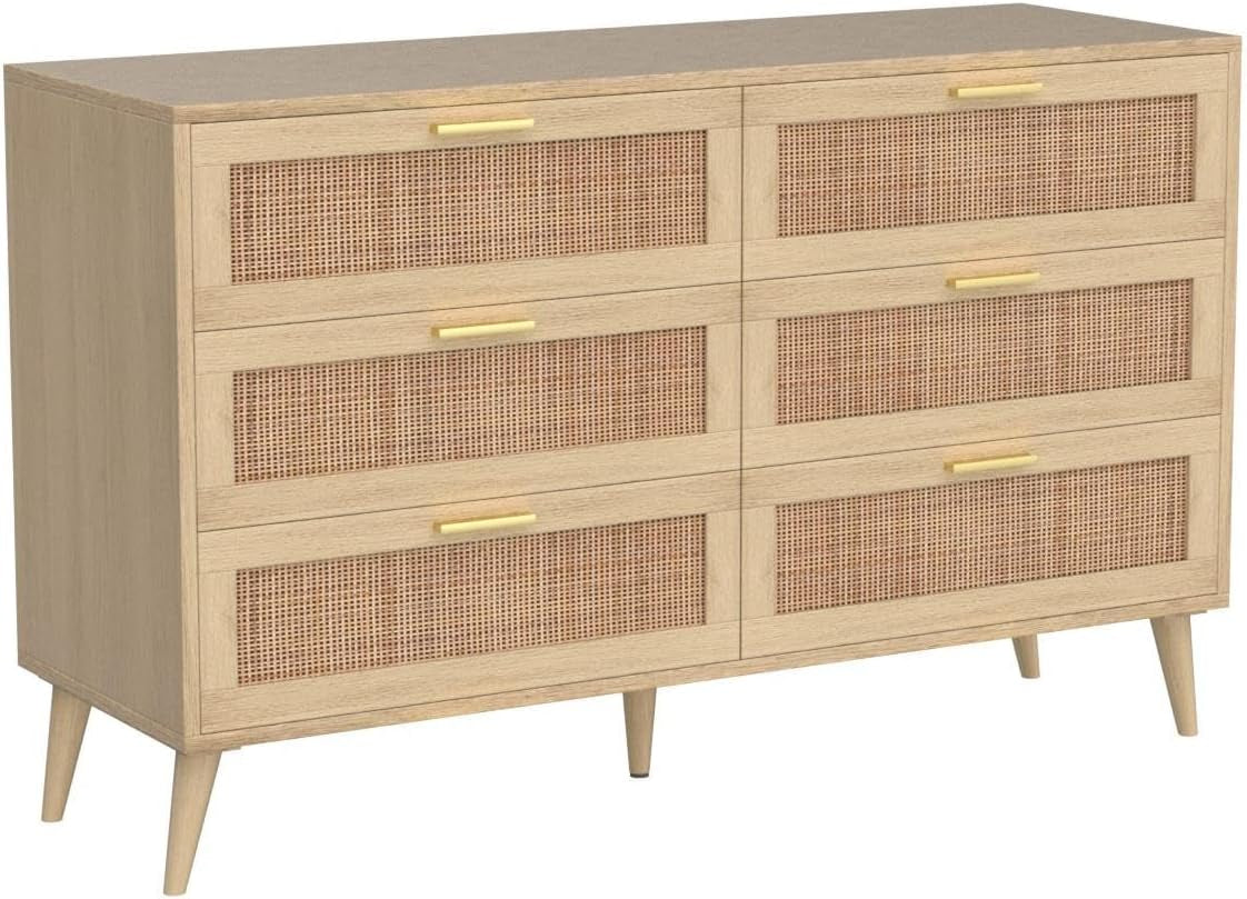 6 Drawer Double Dresser for Bedroom, Rattan Chest of Dressers, Modern Wooden Dresser Chest with Golden Handles, beside Table for Closet, Living Room and Entryway, Natural