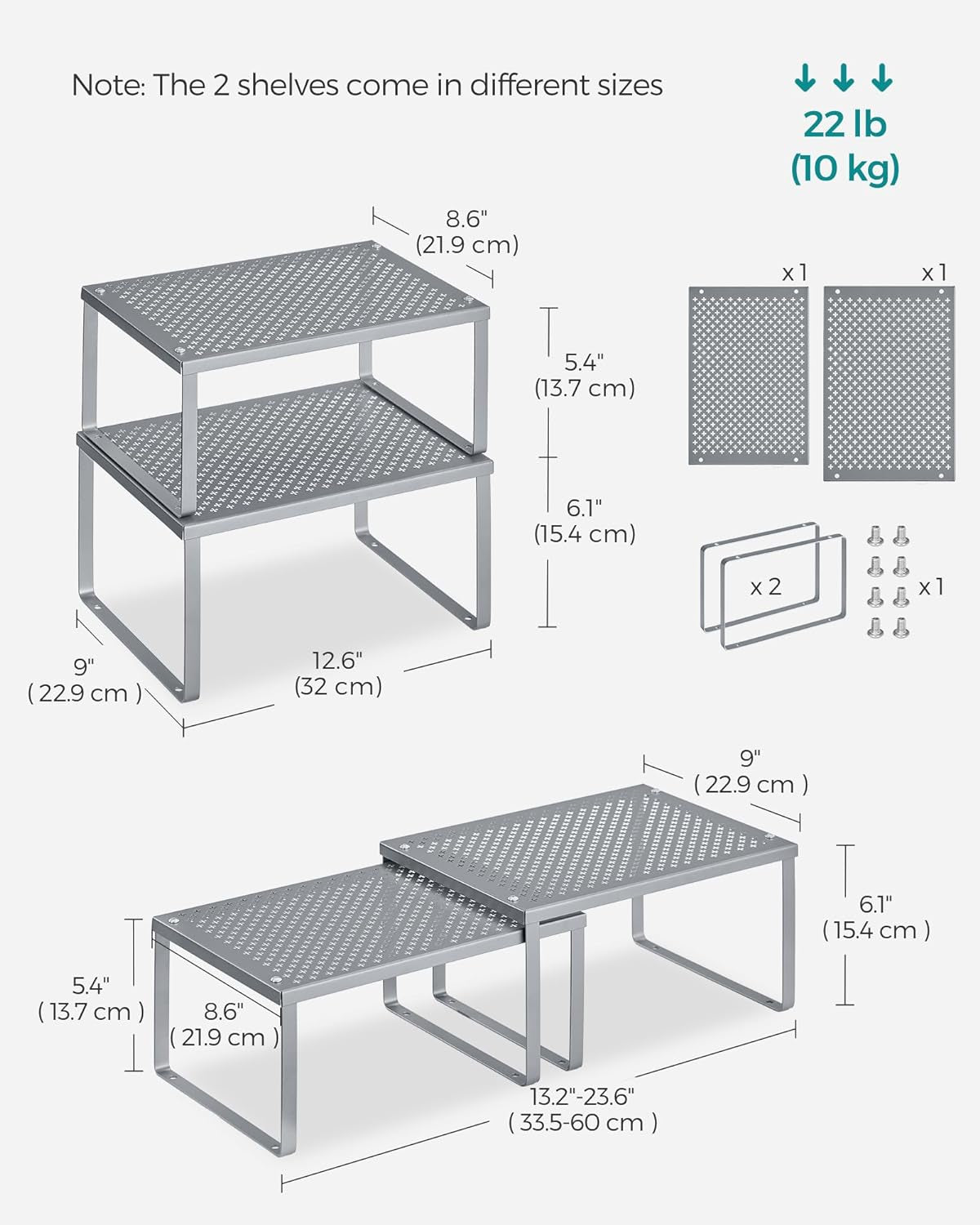 Spice Racks, Set of 2 Metal Cabinet Shelf Organizers, Countertop Organizers, Shelf Risers, Stackable, Expandable, Silver UKCS01SV