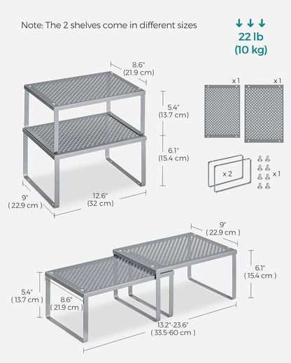 Spice Racks, Set of 2 Metal Cabinet Shelf Organizers, Countertop Organizers, Shelf Risers, Stackable, Expandable, Silver UKCS01SV