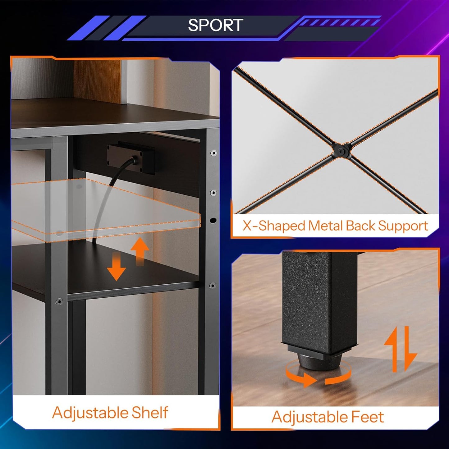 Computer Desk, Gaming Desk with LED and Outlets, Home Office Desk with Monitor Stand and Adjustable Shelf, Small Gaming Table with CPU Stand for Home Office, Small Space, Black BB100UDDN01