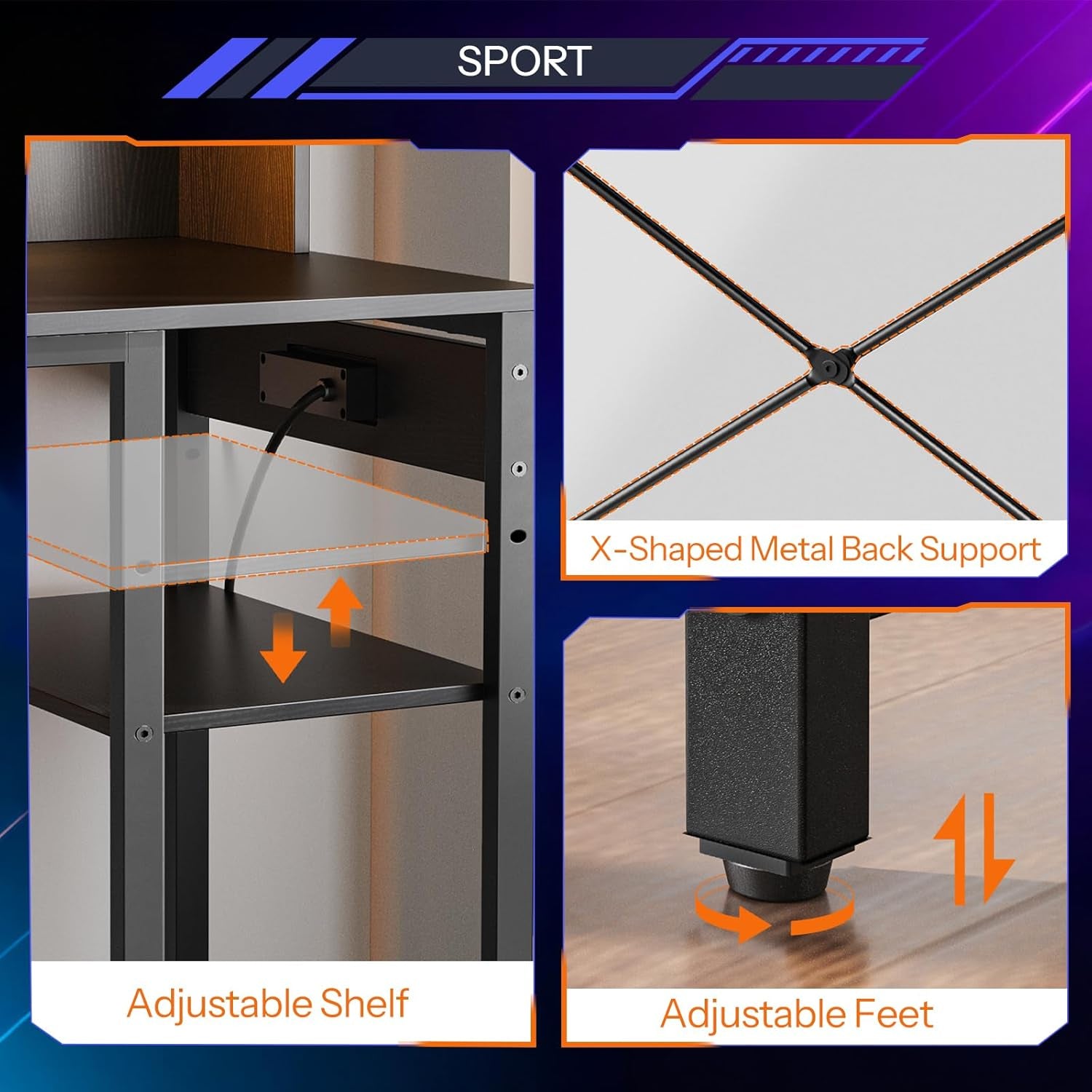 Computer Desk, Gaming Desk with LED and Outlets, Home Office Desk with Monitor Stand and Adjustable Shelf, Small Gaming Table with CPU Stand for Home Office, Small Space, Black BB100UDDN01