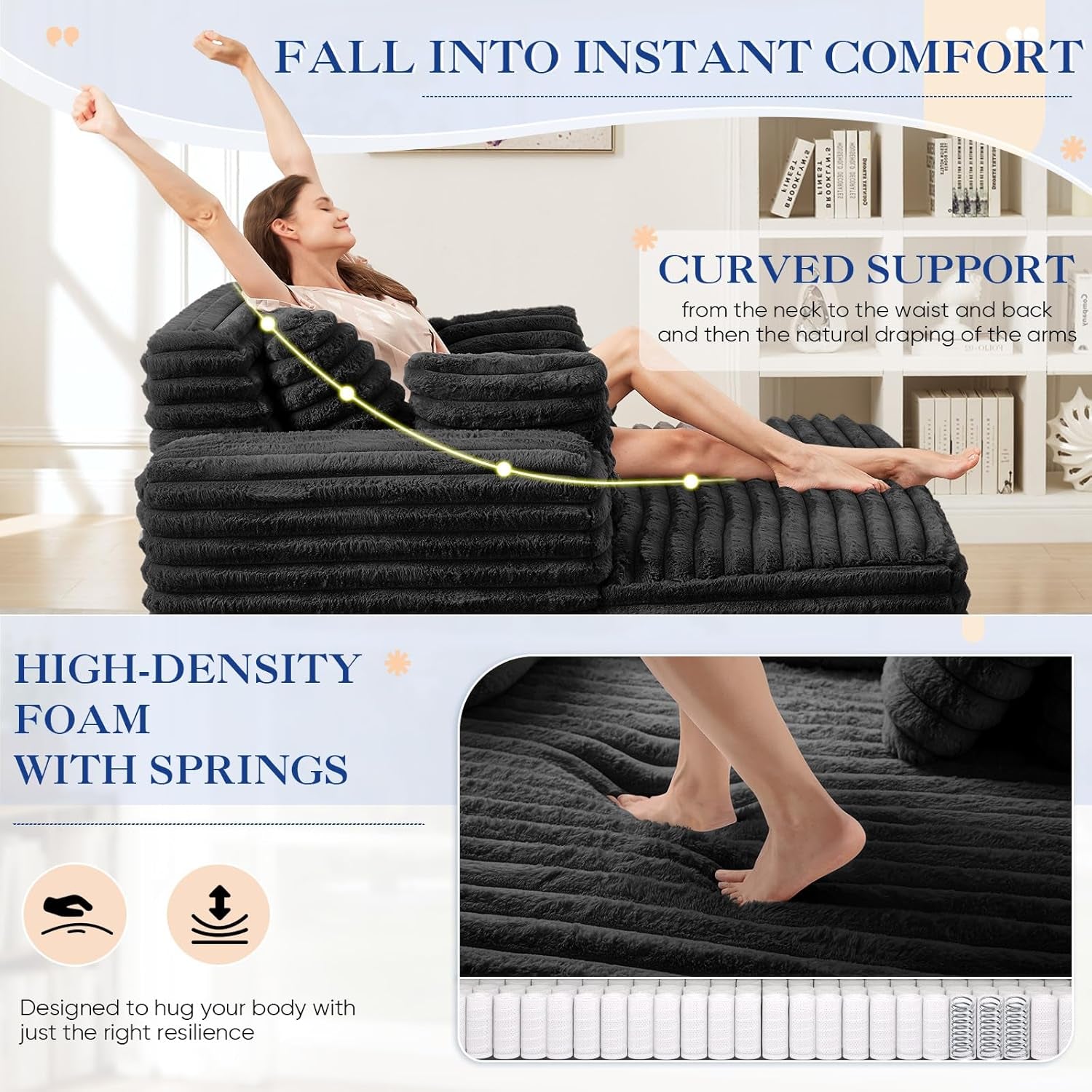 Oversized Chaise Lounge Indoor, Modern Plush Faux Fur Fabric Deep Seat Boneless Memory Foam Sleeper Chaise Lounge Sofa Chair with Pillows for Living Room Bedroom Studio, No Assembly Couch, Black