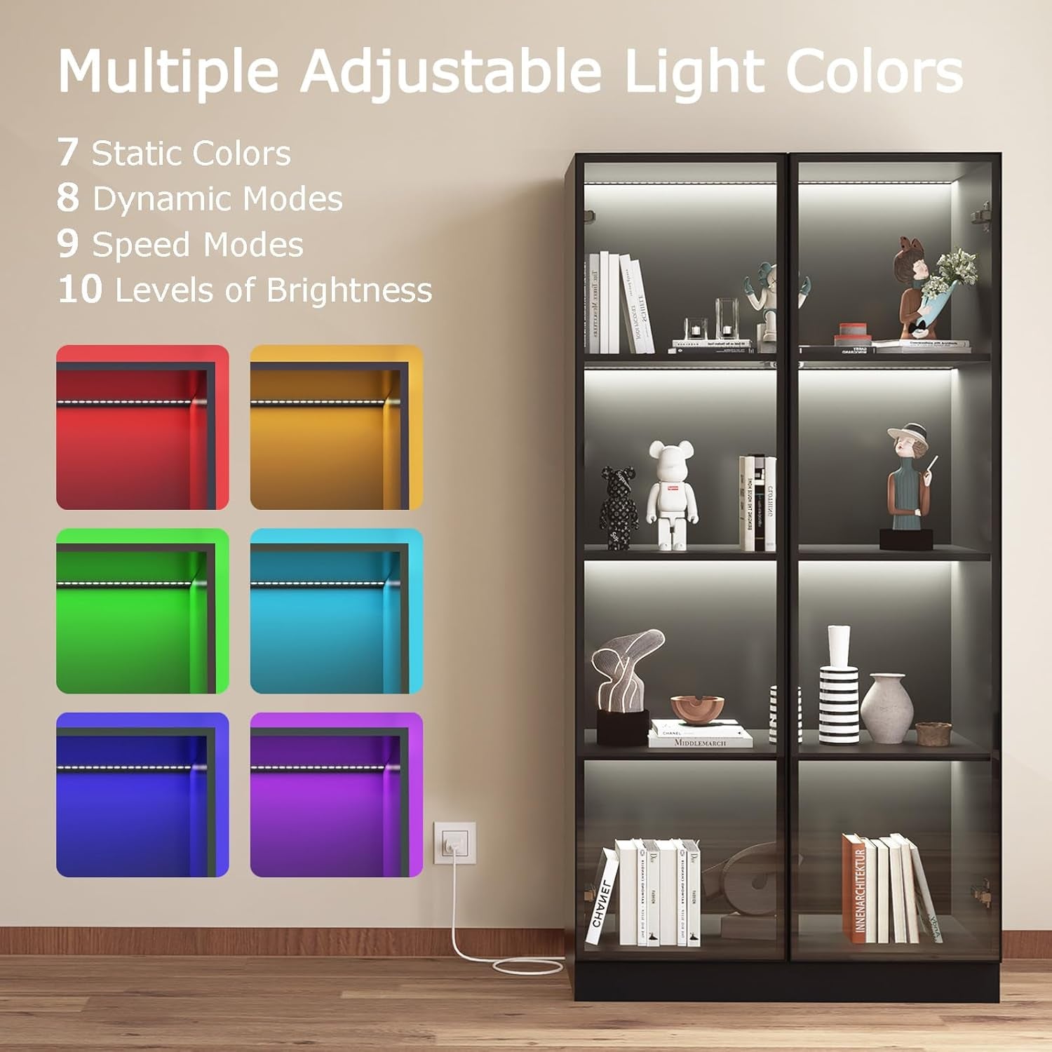 Glass Display Cabinet with LED Lights Set of 2, Display Case Bookcase with 4-Tier Shelves, Curio Cabinet with 2 Glass Doors, Storage Cabinet for Collectibles, Living Room