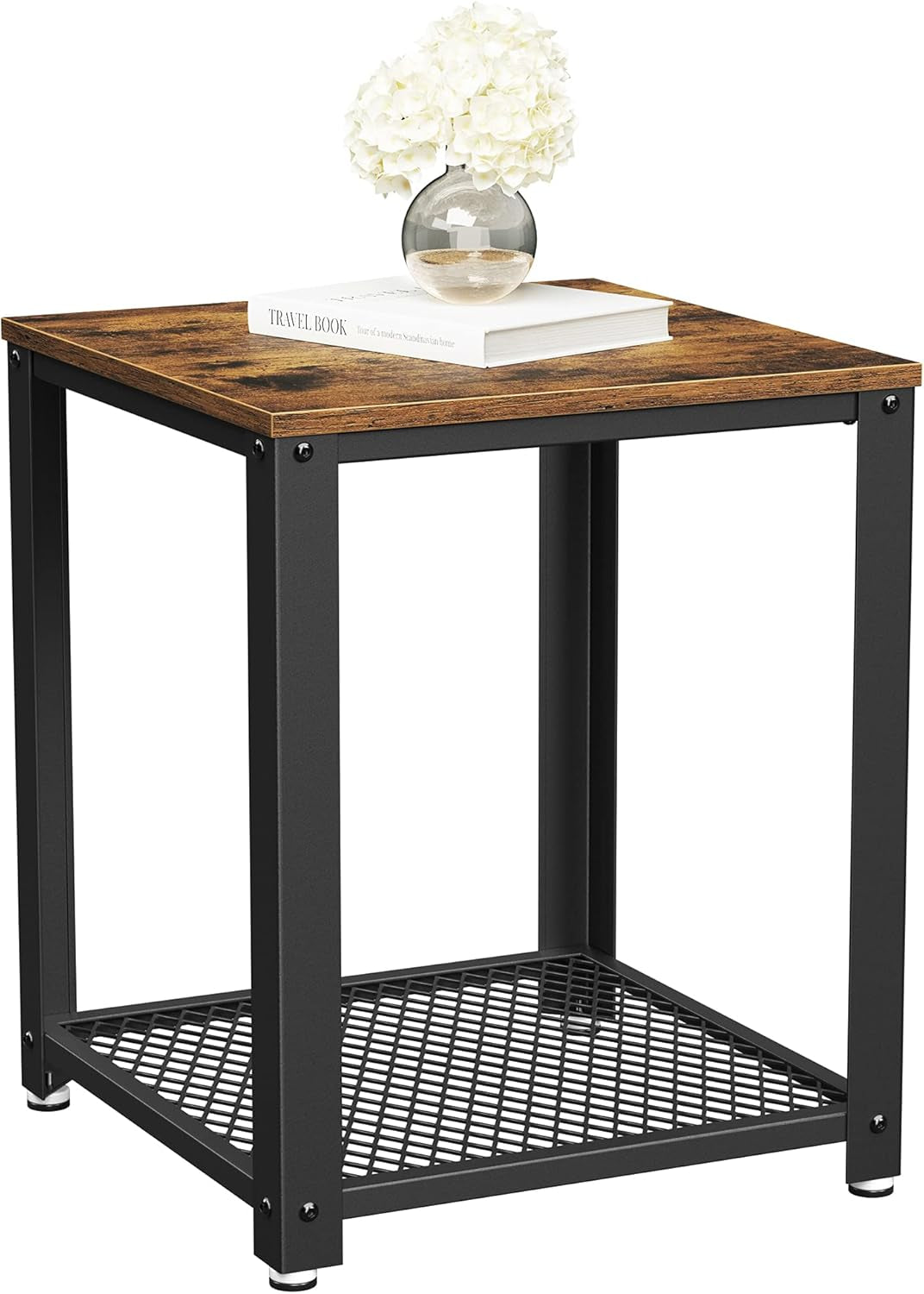 Side Table, 2-Tier Nightstand, End Table with Mesh Shelf, Steel Frame, Adjustable Feet, for Living Room, Bedroom, Industrial Style, Rustic Brown and Black ULET41X, 17.7 X 17.7 X 21.6 Inch
