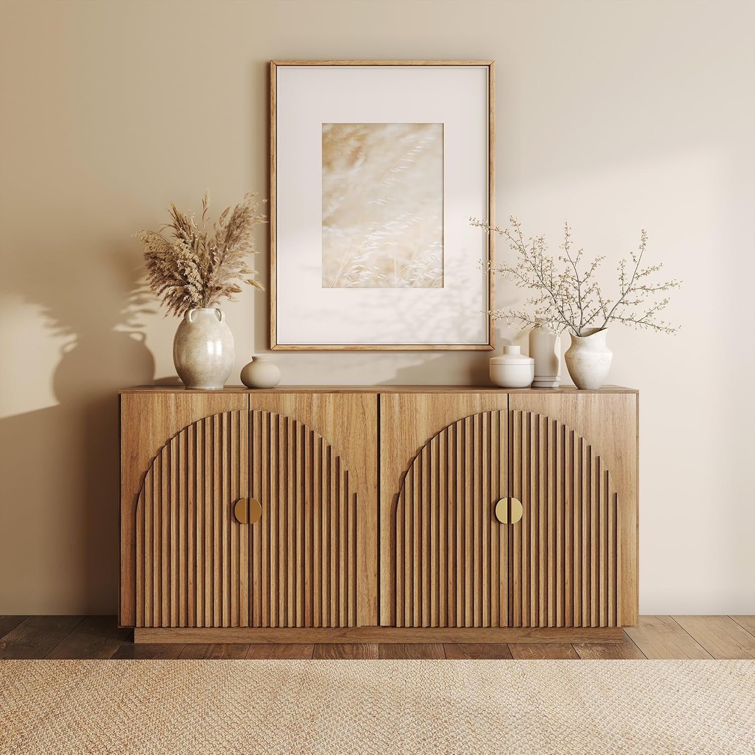 65 Inch Fluted Buffet Cabinet with Storage, Symmetrical Arc Accent Sideboard Large Console Table for Dining Room, Kitchen, and Living Room (Caramel Brown)