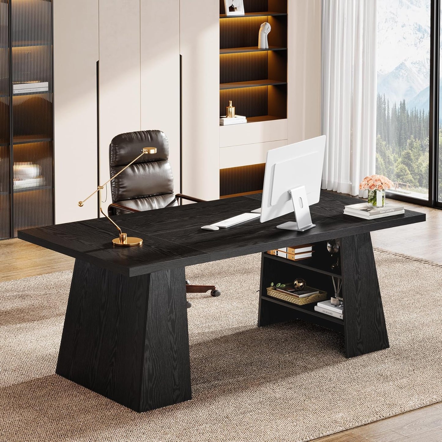 63-Inch Executive Desk, Modern Black Office Desk with Double Pedestal and Storage Shelves, Simple Large Computer Writing Conference Table Workstations Business Furniture for Home Office