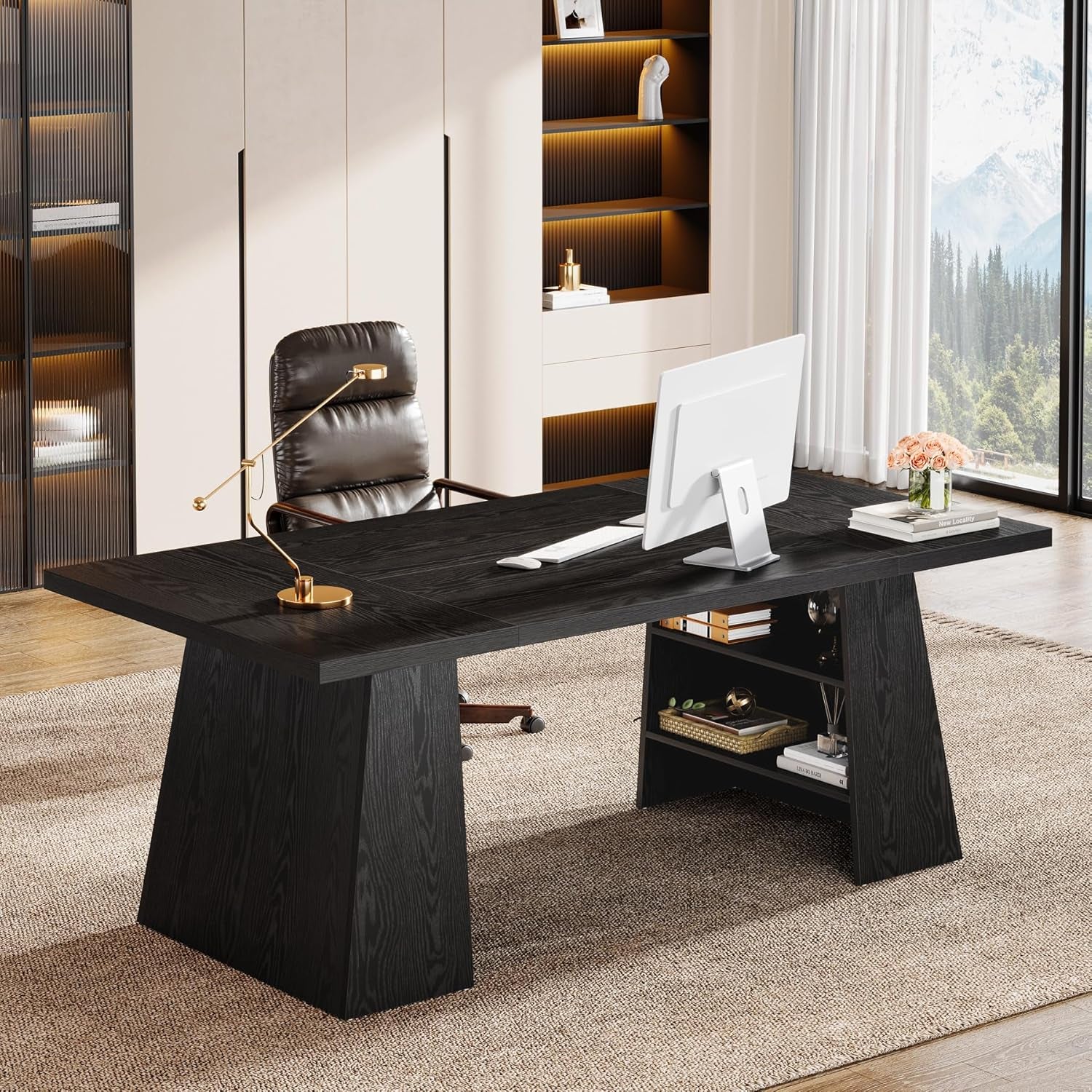 63-Inch Executive Desk, Modern Black Office Desk with Double Pedestal and Storage Shelves, Simple Large Computer Writing Conference Table Workstations Business Furniture for Home Office