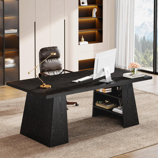 63-Inch Executive Desk, Modern Black Office Desk with Double Pedestal and Storage Shelves, Simple Large Computer Writing Conference Table Workstations Business Furniture for Home Office