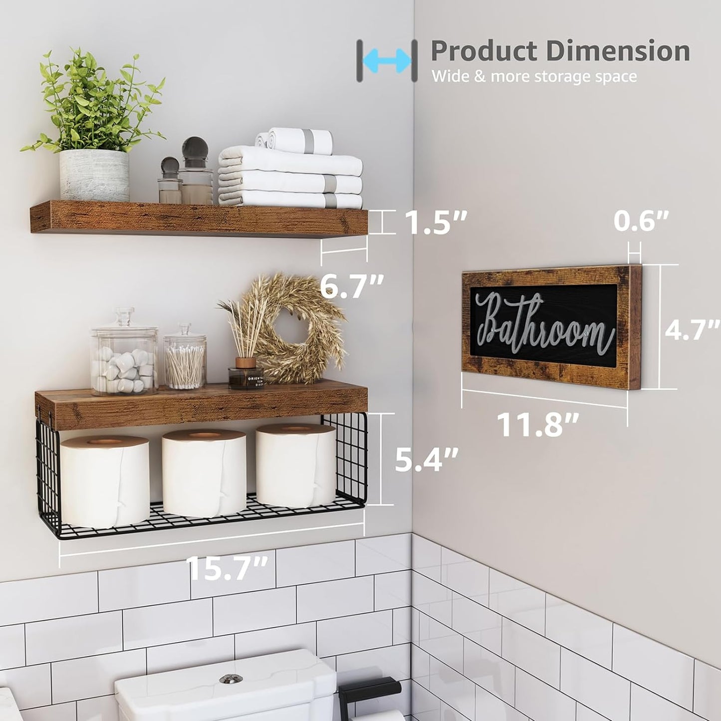 ‎Bathroom Shelves over Toilet - Paper Storage Wall Mounted Farmhouse Decor Decorations Aesthetic Décor Sign Small Floating Shelf 2+1 Set 16 Inch, Rustic Brown (020BN)