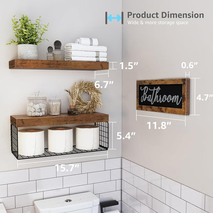 ‎Bathroom Shelves over Toilet - Paper Storage Wall Mounted Farmhouse Decor Decorations Aesthetic Décor Sign Small Floating Shelf 2+1 Set 16 Inch, Rustic Brown (020BN)