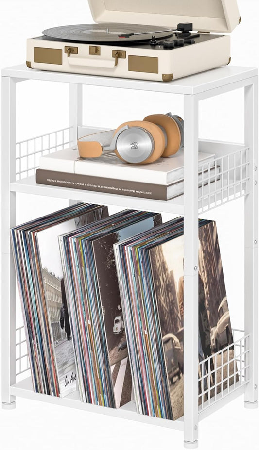 White Side Table with Storage, Small End Table Printer Stand for Small Spaces, Record Player Stand with Vinyl Storage, Sofa Night Stands for Living Room Bedroom