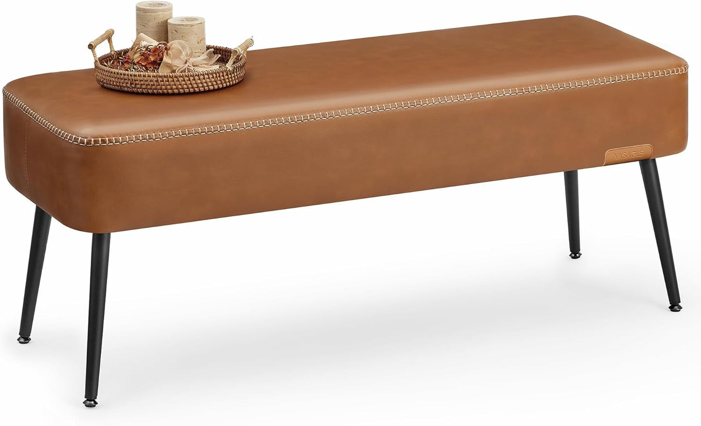 EKHO Collection - Bench for Entryway Bedroom, Synthetic Leather with Stitching, Ottoman Bench with Steel Legs, Living Dining Room, Mid-Century Modern, Loads 660 Lb, Caramel Brown ULOM076K01