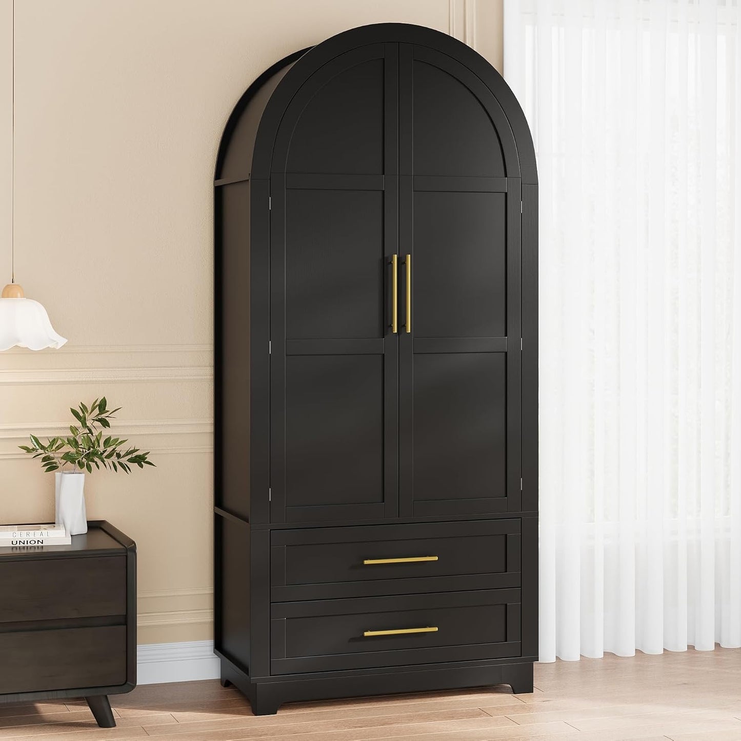 Wardrobe Closet, Modern Armoire Wardrobe Closet with Drawers and 2 Arched Fluted Doors, 70" Tall Wooden Bedroom Armoires with Shelves and Hanging Rod, Black