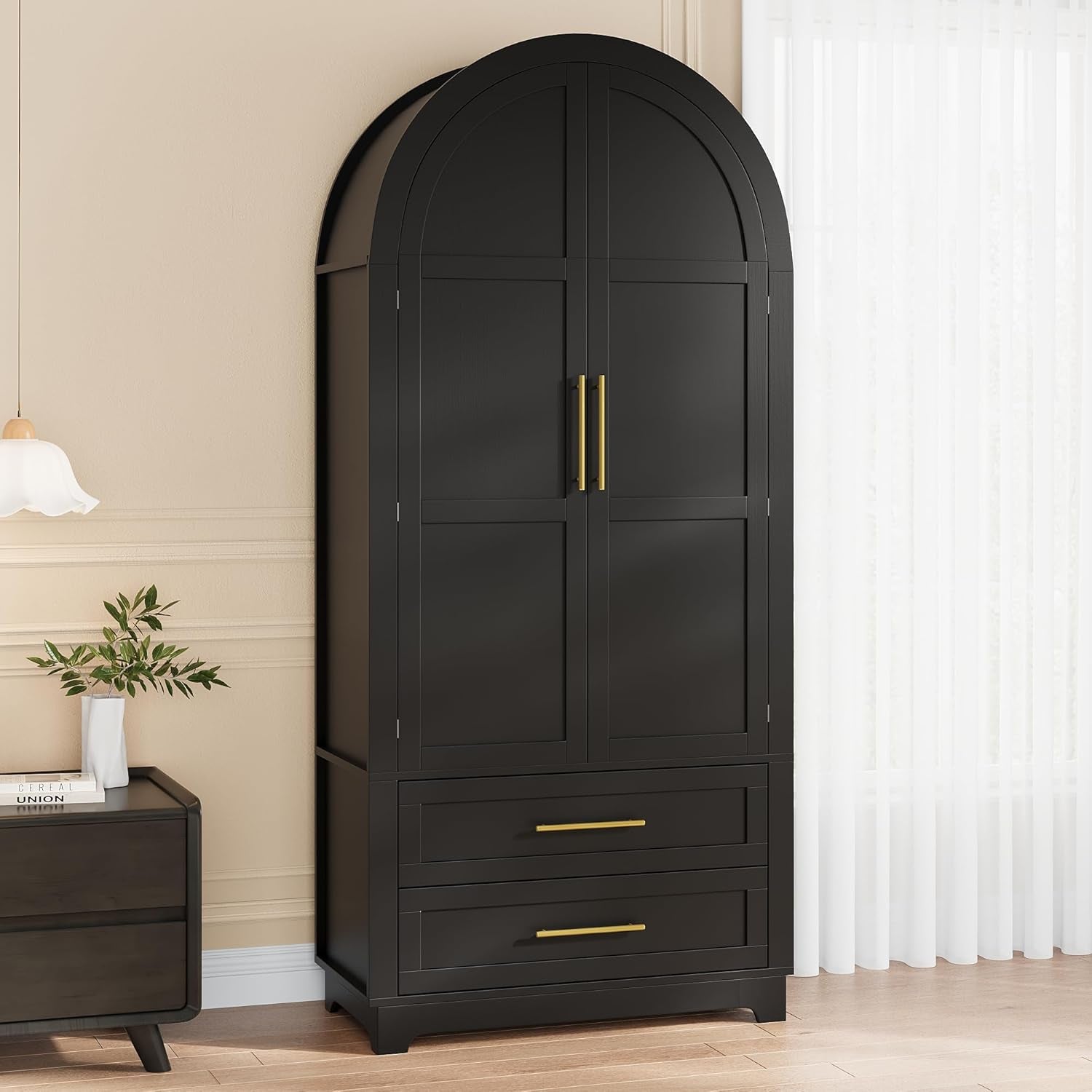 Wardrobe Closet, Modern Armoire Wardrobe Closet with Drawers and 2 Arched Fluted Doors, 70" Tall Wooden Bedroom Armoires with Shelves and Hanging Rod, Black