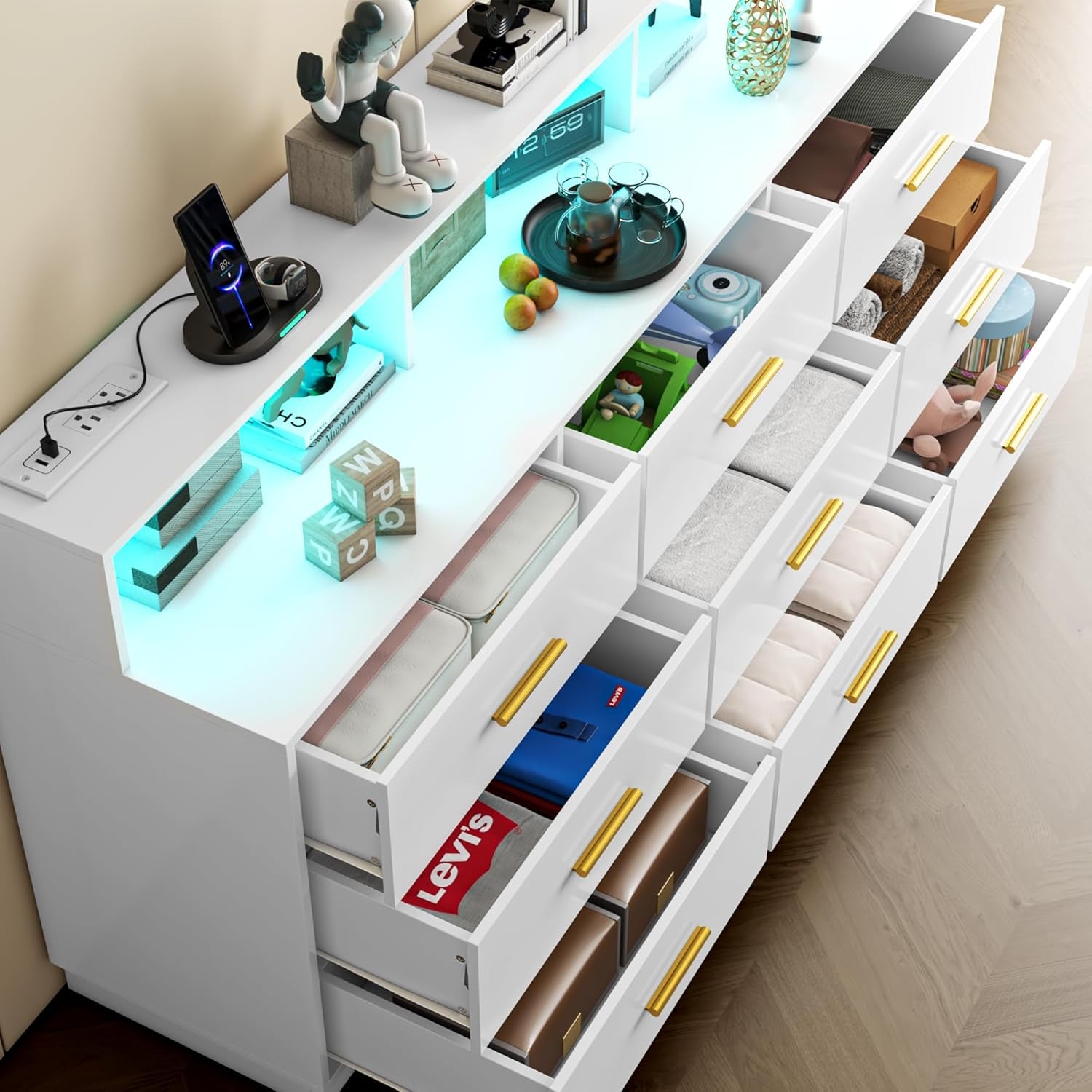 White 9 Drawer Dressers for Bedroom, Modern Large Dresser with LED Light and Power Outlet, Wooden Long Dresser for Bedroom, Entryway, Hallway