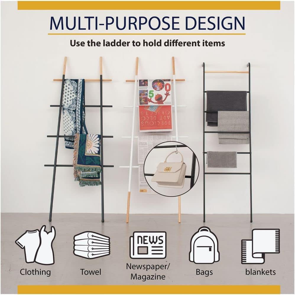 Wall Leaning Ladder Rack for Household Fabrics, Clothing, Interior Decoration, White