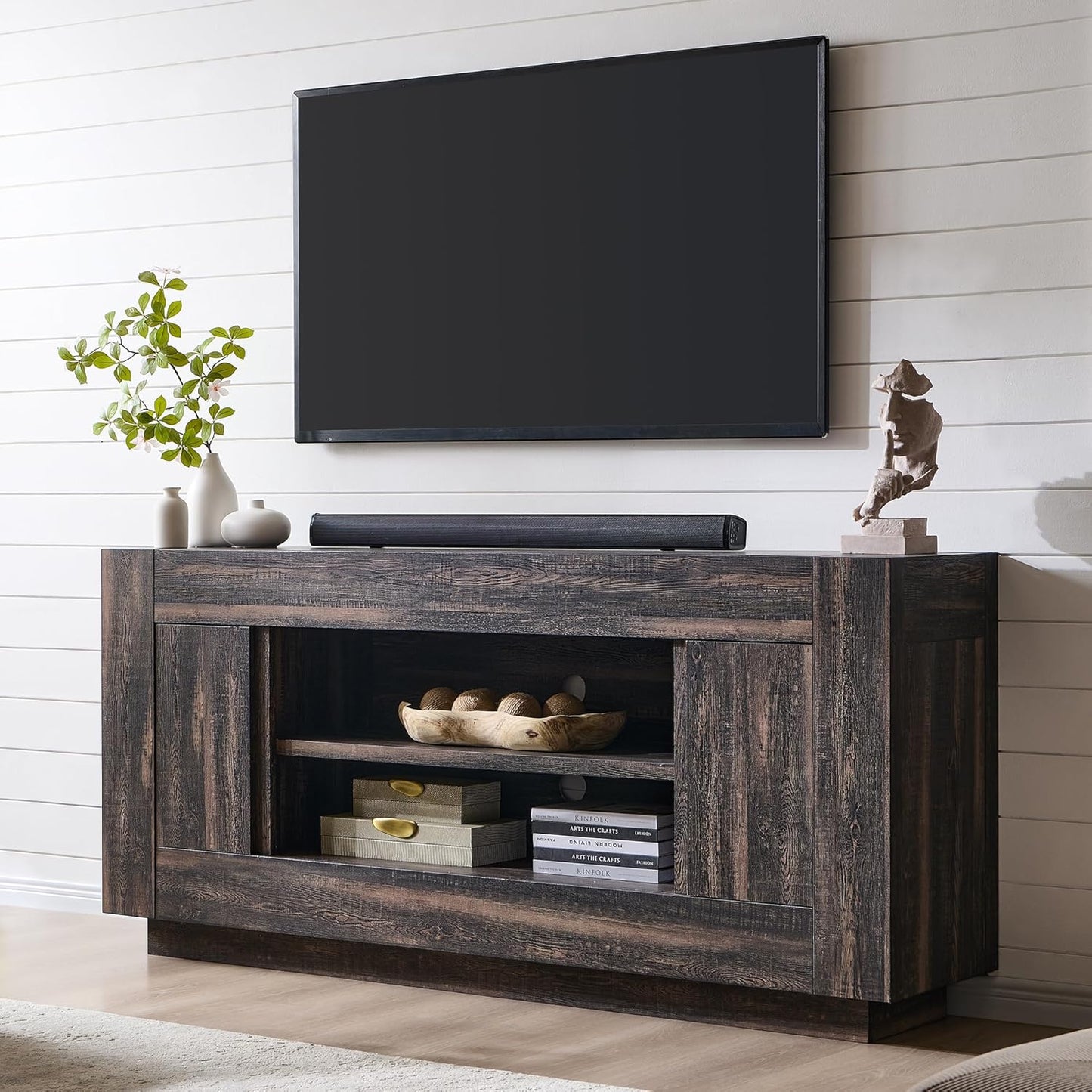 Modern 70" TV Stand, Entertainment Center for Tvs up to 80", Media Console with Large Open Storage & Side Cabinets, Thick Wood Design for Living Room, Dark Rustic Oak