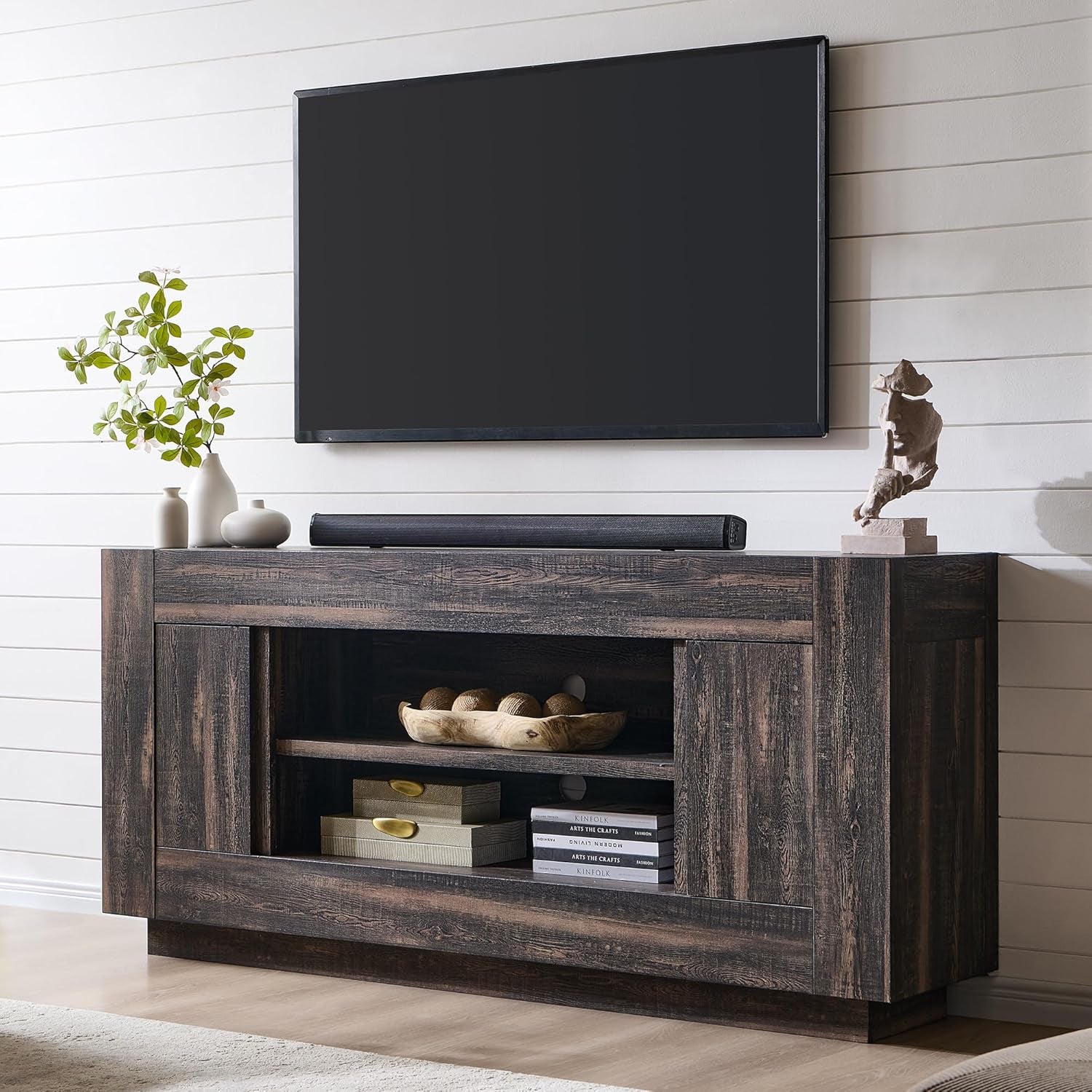 Modern 70" TV Stand, Entertainment Center for Tvs up to 80", Media Console with Large Open Storage & Side Cabinets, Thick Wood Design for Living Room, Dark Rustic Oak