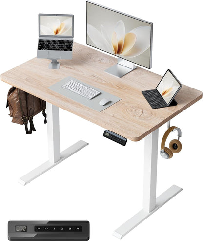 40 X 24 Small One-Piece Standing Desk, Adjustable Height Electric Computer Home Office Sit Stand up Workstation, with 4 Memory Presets, Headphone Hook, Maple