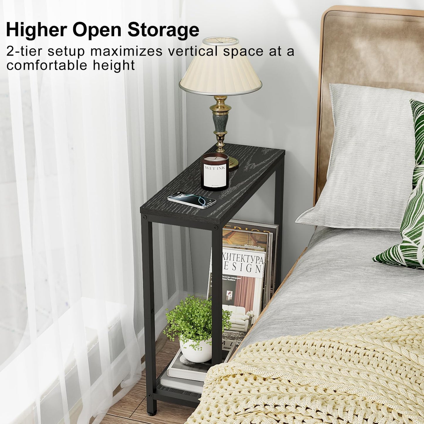 8.6” Narrow Small Side Table for Small Spaces, 2 Tier Skinny Couch End Tables Living Room, Slim Nightstand for Bedroom Bedside, Brown