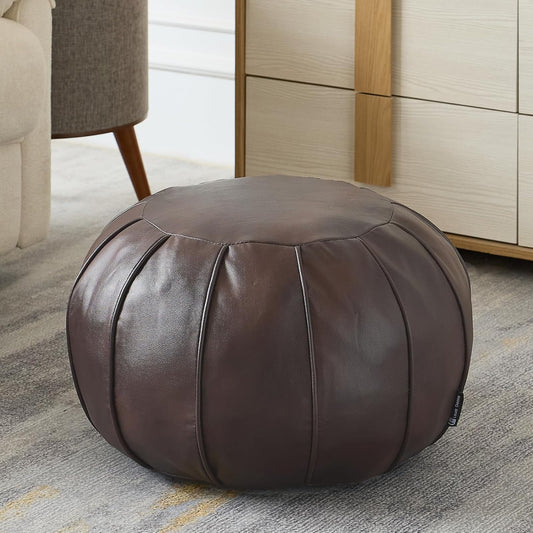 Brown Waterproof Faux Leather Unstuffed Pouf Ottoman, Handmade Moroccan Pouf Cover 21"X13", round Floor Cushion Floor Chair Footstool for Living Room, Bedroom and Wedding (Only Cover)