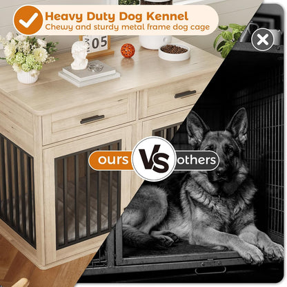 Extra Large Dog Crate Furniture,44.5 Inches Wooden Dog Crate with 2 Storage Drawers and 3 Hooks,Heavy Duty Pet Crate for Large Dog, Decorative Pet Cage with Sliding Barn Door for Indoor,Grey