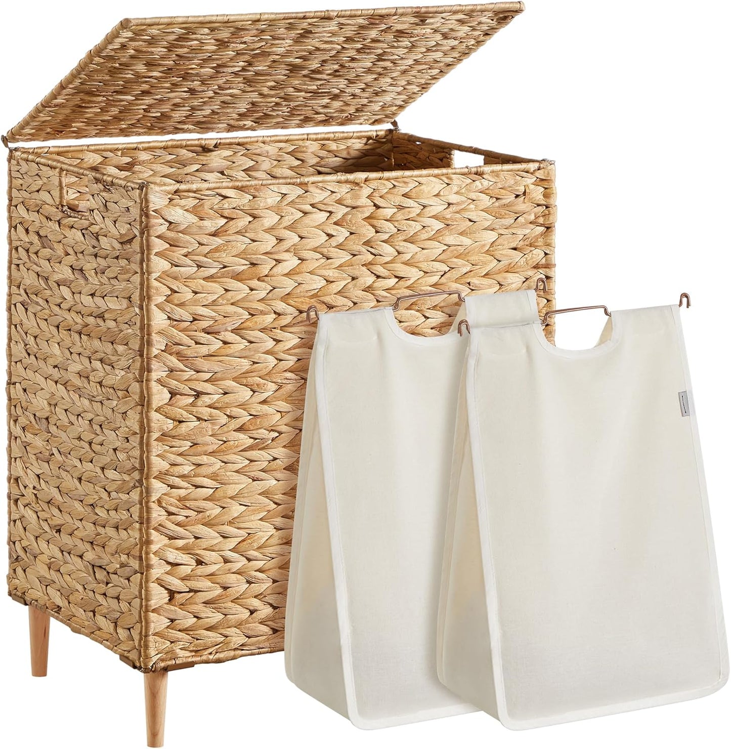 Laundry Hamper 2 Sections, 34.3 Gal. (130 L) Handwoven Water Hyacinth Wicker Laundry Basket with Lid, Natural Material, Removable Machine Washable Liners, Handles, Natural ULCB202Y01