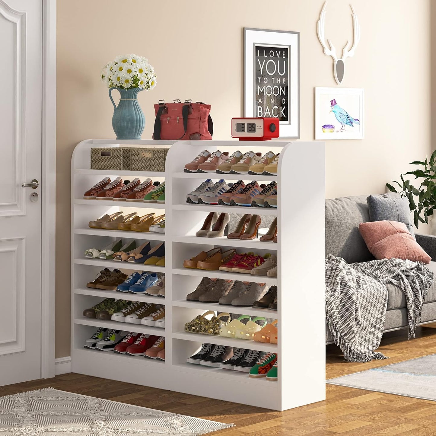 Shoe Rack, 8-Tier Tall Shoe Shelf, Wooden Shoe Storage Cabinet, White