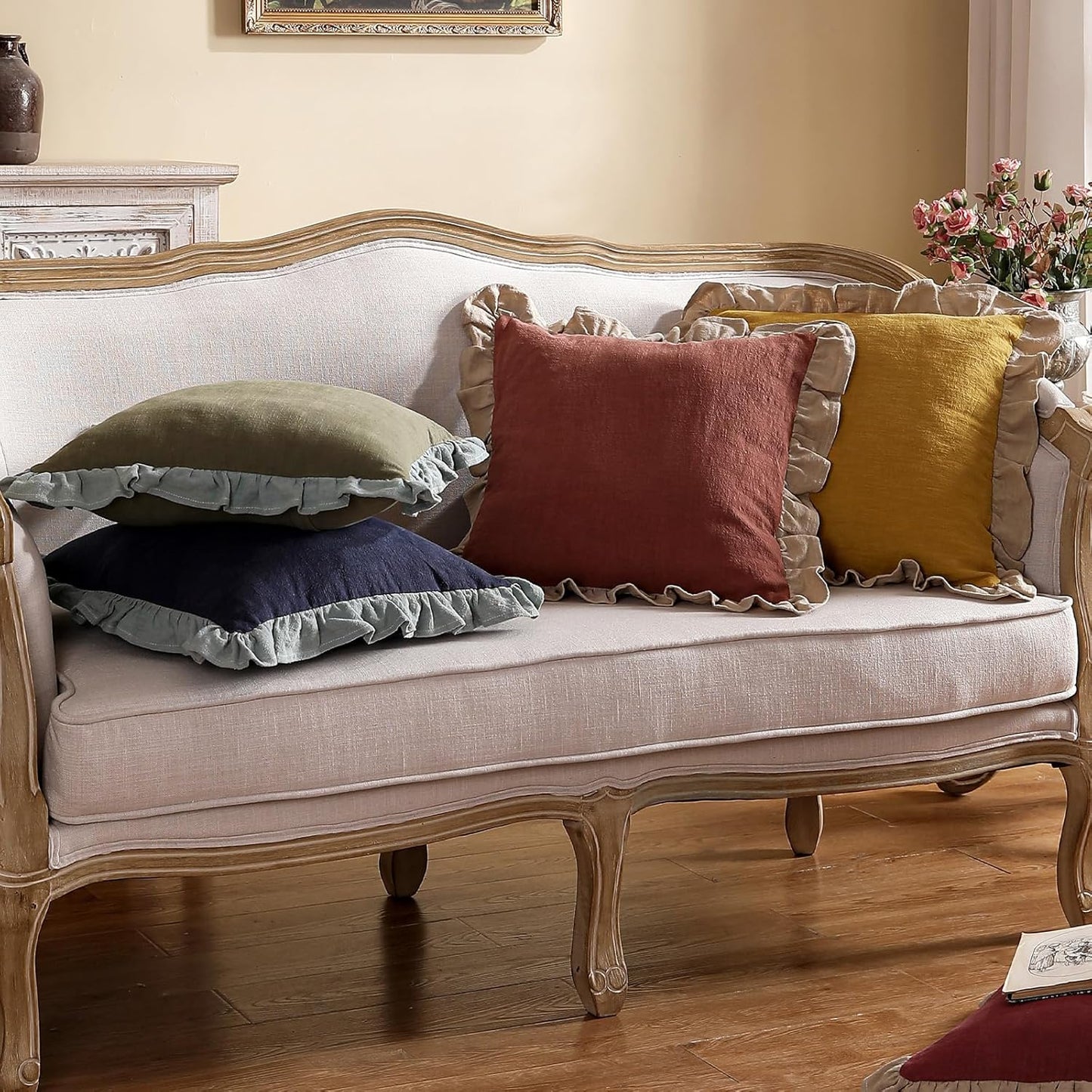 Green Shabby Chic Decorative Throw Pillow Covers 18X18 Set of 2,Farmhouse Linen Pillow Covers with Ruffles,Square Sturdy Throw Pillow Case for Couch Sofa Bed Living Room