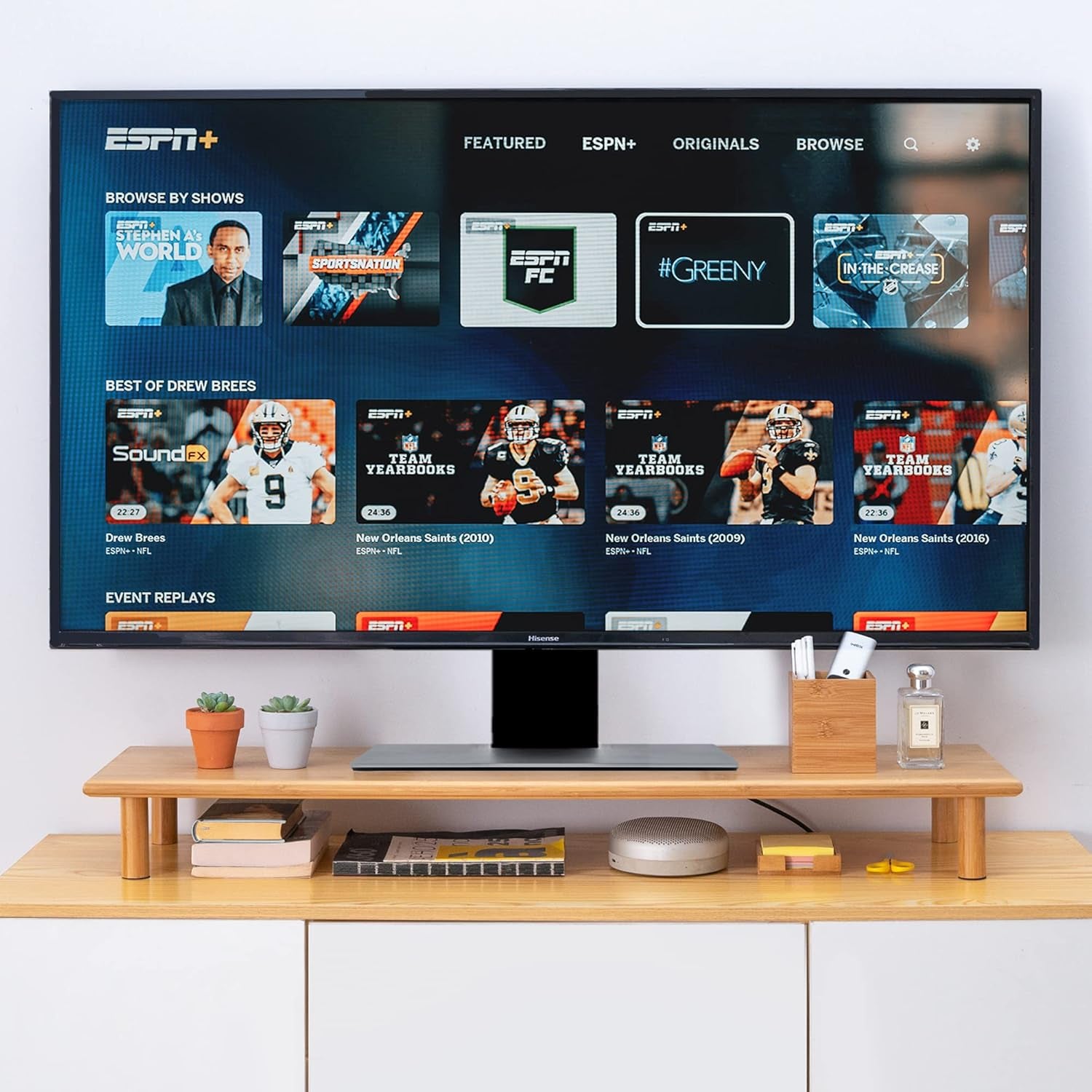 Bamboo Dual Monitor Shelf, Monitor Stand Riser with underneath Storage for Desk Office Supplies, Supports Heavy TV up to 300 Lbs, Natural