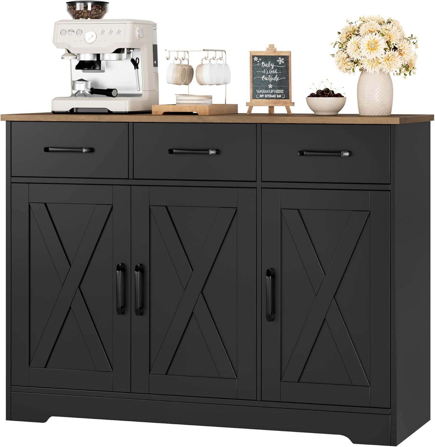 Modern Farmhouse Buffet Sideboard Cabinet, Barn Doors Storage Cabinet with Drawers and Shelves, Wood Coffee Bar with Storage for Dining Room, Kitchen, Living Room, Black/Rustic Brown