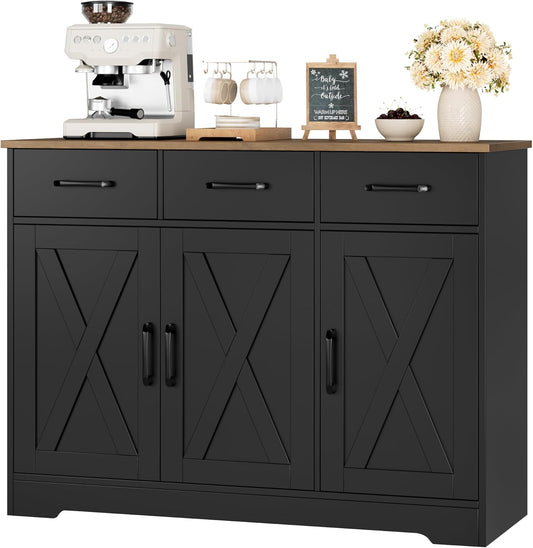 Modern Farmhouse Buffet Sideboard Cabinet, Barn Doors Storage Cabinet with Drawers and Shelves, Wood Coffee Bar with Storage for Dining Room, Kitchen, Living Room, Black/Rustic Brown