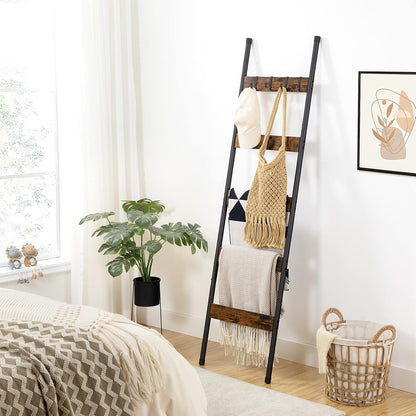 Blanket Ladder, 5-Tier Towel Rack with Hooks, Wall-Leaning Blanket Rack, Decorative Display Ladder Shelf, for Scarves, Industrial, Living Room, Bedroom, Rustic Brown and Black BF52CJ01