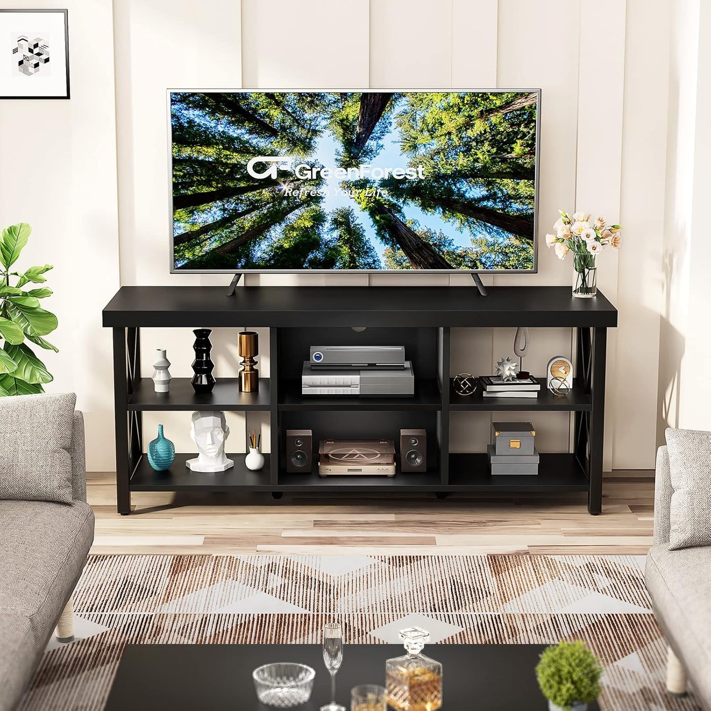 TV Stand for TV up to 65 Inches, Entertainment Center with 6 Storage Cabinet for Living Room, 55 Inch Farmhouse Television Stands Console Table, Industrial TV Stands for Living Room, Black