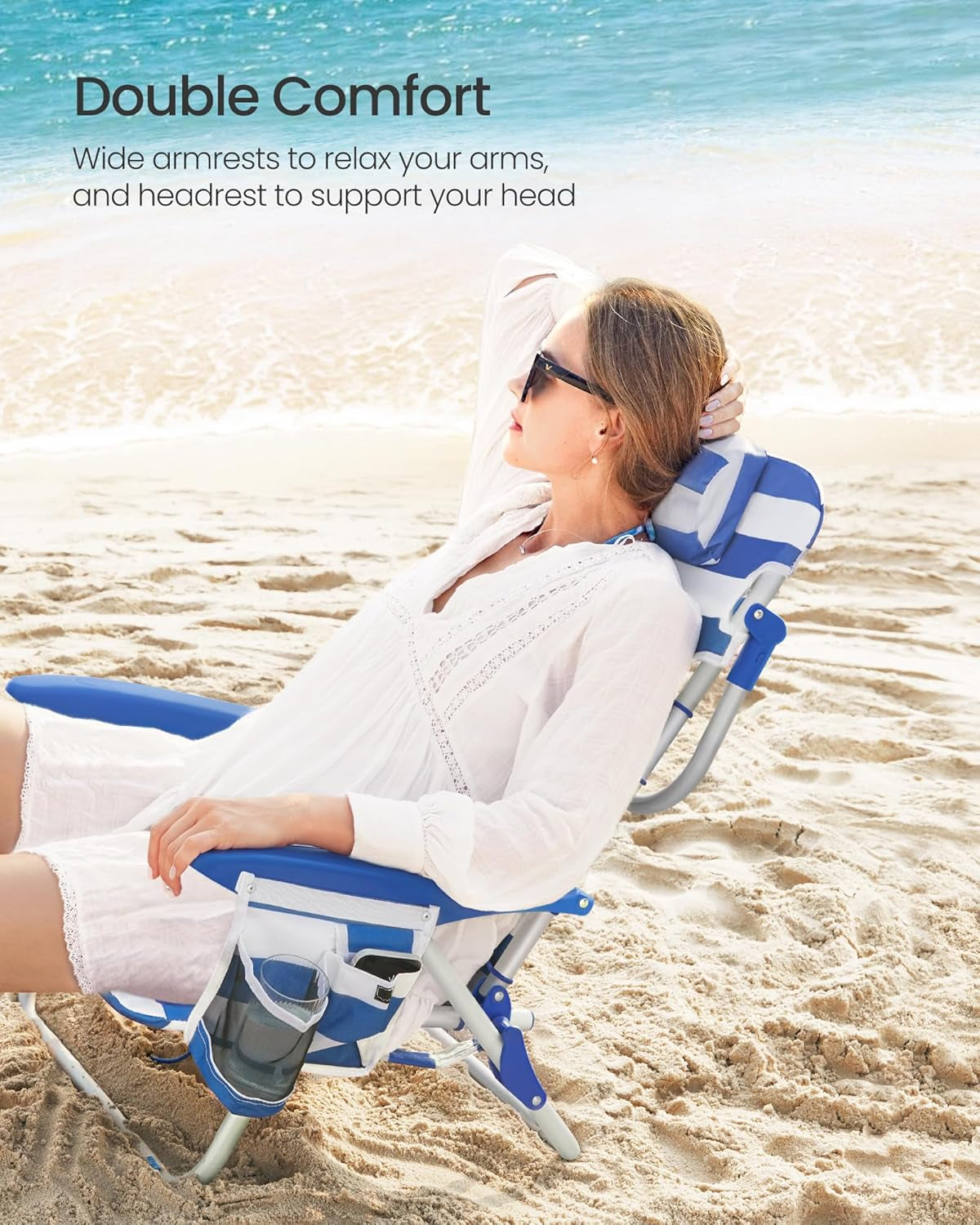 Portable Backpack Beach Chair, 331 Lb Capacity, 4 Angles Adjustable Backrest, 2 Side Pockets, Towel Bar, Blue and White UGCB62BU