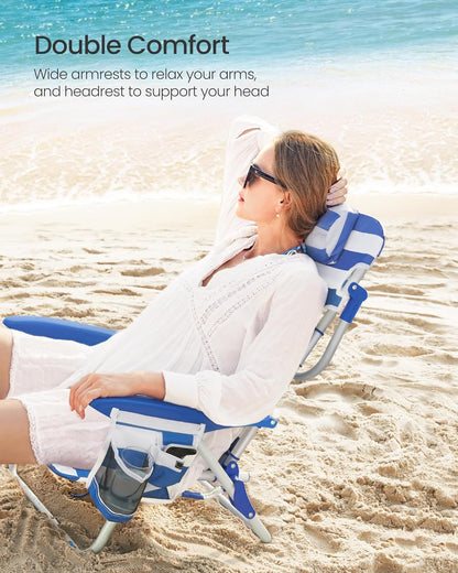 Portable Backpack Beach Chair, 331 Lb Capacity, 4 Angles Adjustable Backrest, 2 Side Pockets, Towel Bar, Blue and White UGCB62BU