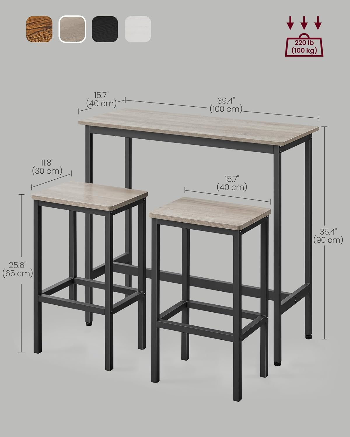 Dining Table Set, Bar Table and Chairs Set, Kitchen Bar Height Table with Stools Set of 2, Steel Frame, Industrial, 39.4 X 15.7 X 35.4 Inches, Heather Greige and Ink Black ULBT218B02