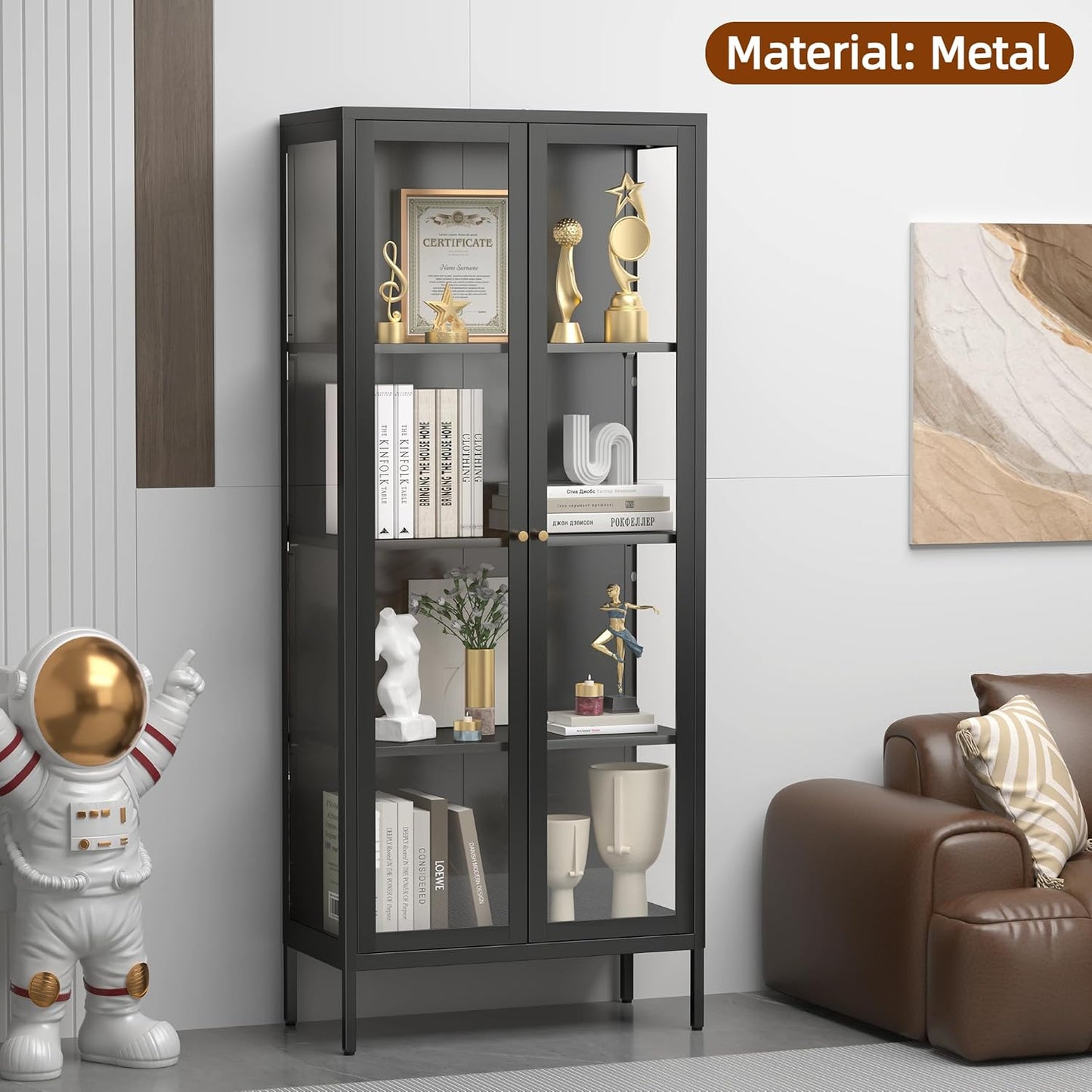 Glass Display Cabinet 4-Tier, Display Cabinet with Glass Doors, Curio Cabinet with Tempered Glasses Doors,Metal Storage Cabinets for Living Room, Plant, Assembly Required, Black