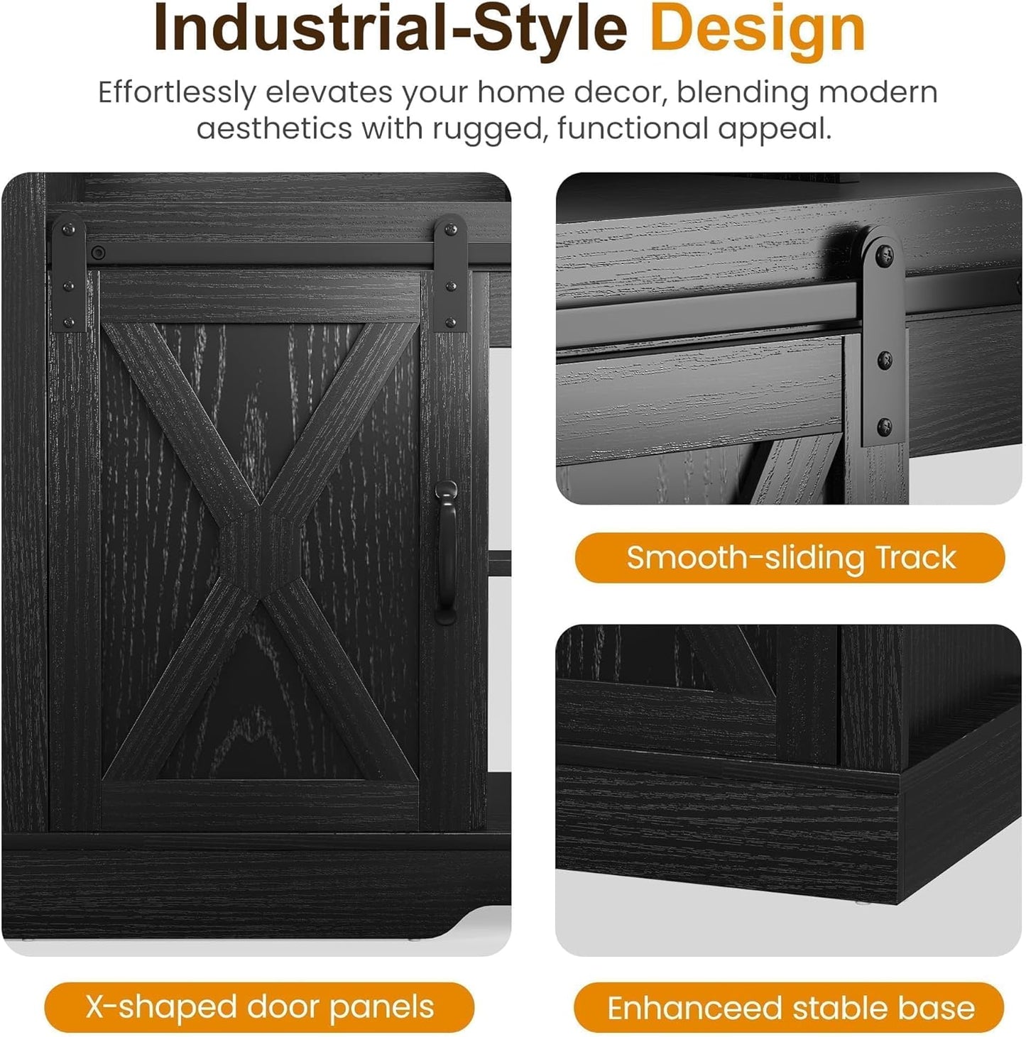 Farmhouse TV Stand for 65+ Inch TV, Tall Entertainment Center with Storage Cabinets and Sliding Barn Doors, Mid Century Modern Media TV Console Table for Living Room (Black)