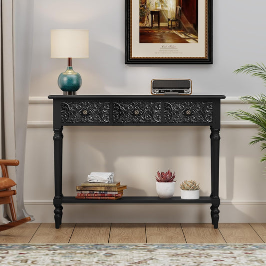 Entryway Console Table with 3 Drawers，42" Carved Hallway Table with Open Shelf，Long Sofa Table for Living Room, Hallway, behind Couch,Black