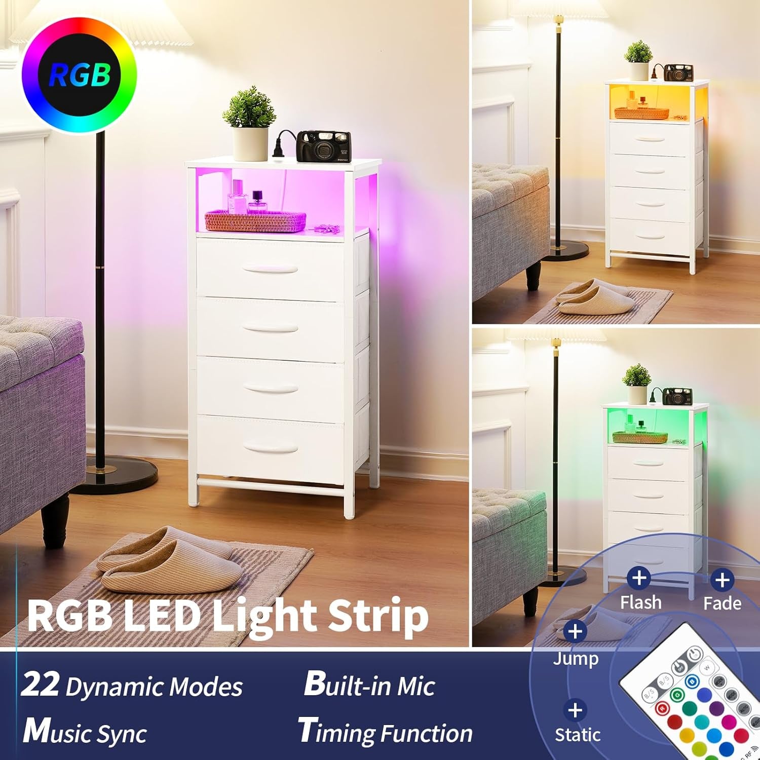 Night Stand - LED White Nightstand with Charging Station, Bedside Table with 4 Storage Drawers and Storage Shelf, End Table with USB Ports and Outlets, Tall Dresser for Bedroom