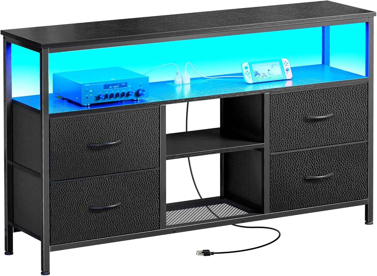 47 Inch TV Stand Dresser with Power Outlets and LED Lights, Fabric Dresser for Bedroom with Storage, 4 Drawers Entertainment Center with Open Shelf, Media Console for 55 50 Inch TV, Black