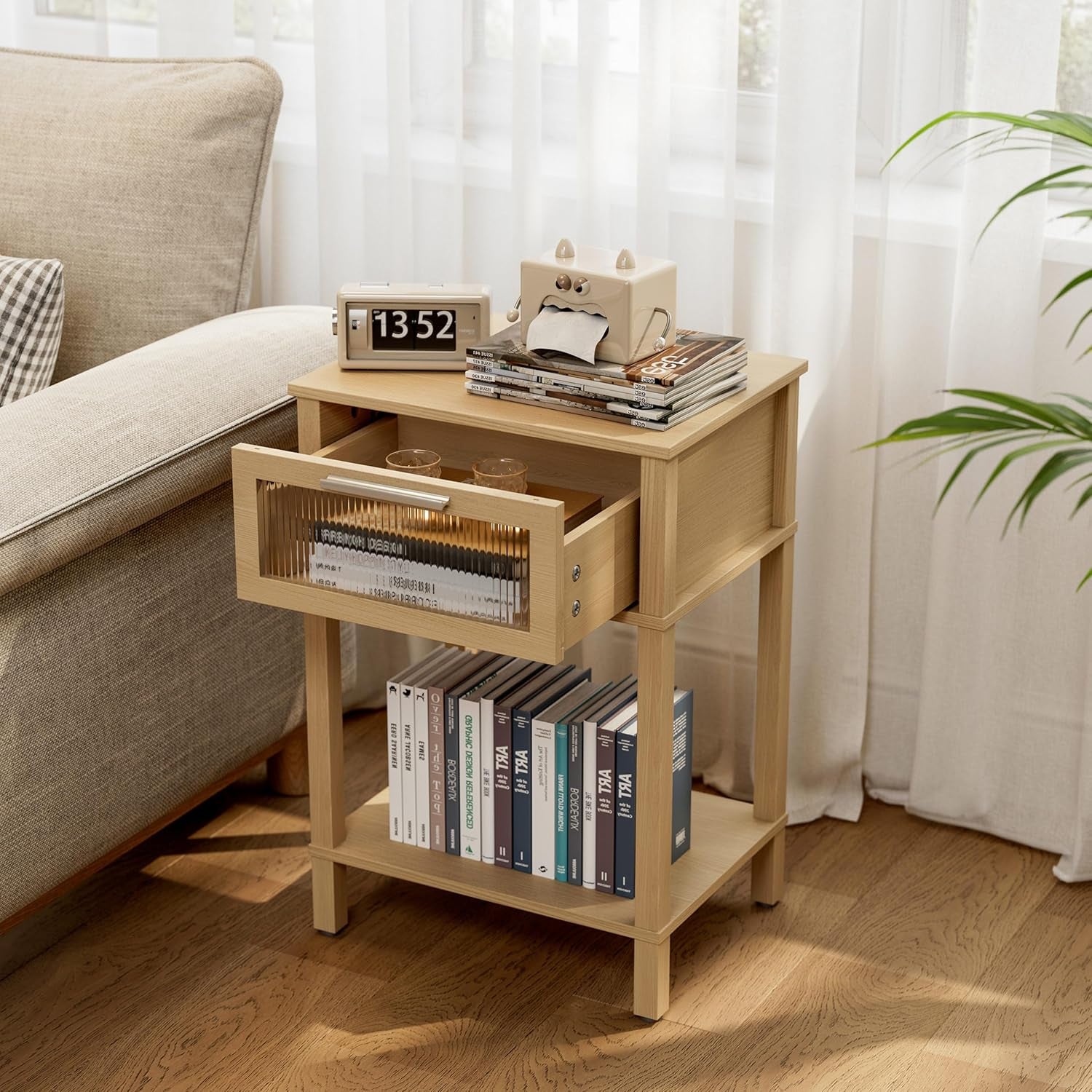 Nightstand Wooden Bedside Table with Drawer Natural Wood Night Stands Modern Style Small End Table Side Table with Storage Shelf for Bedroom Living Room MLBZ10YEV