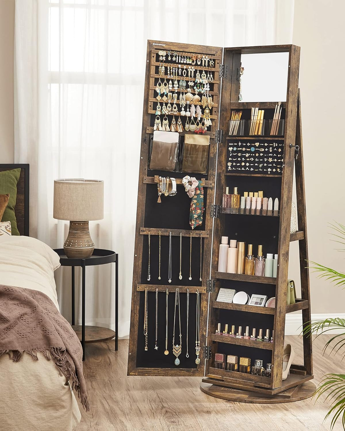 360° Swivel Jewelry Cabinet, Lockable Jewelry Organizer with Full-Length Mirror, Rear Storage Shelves, Interior Mirror, Jewelry Armoire, Gift Idea, Rustic Brown UJJC006X01
