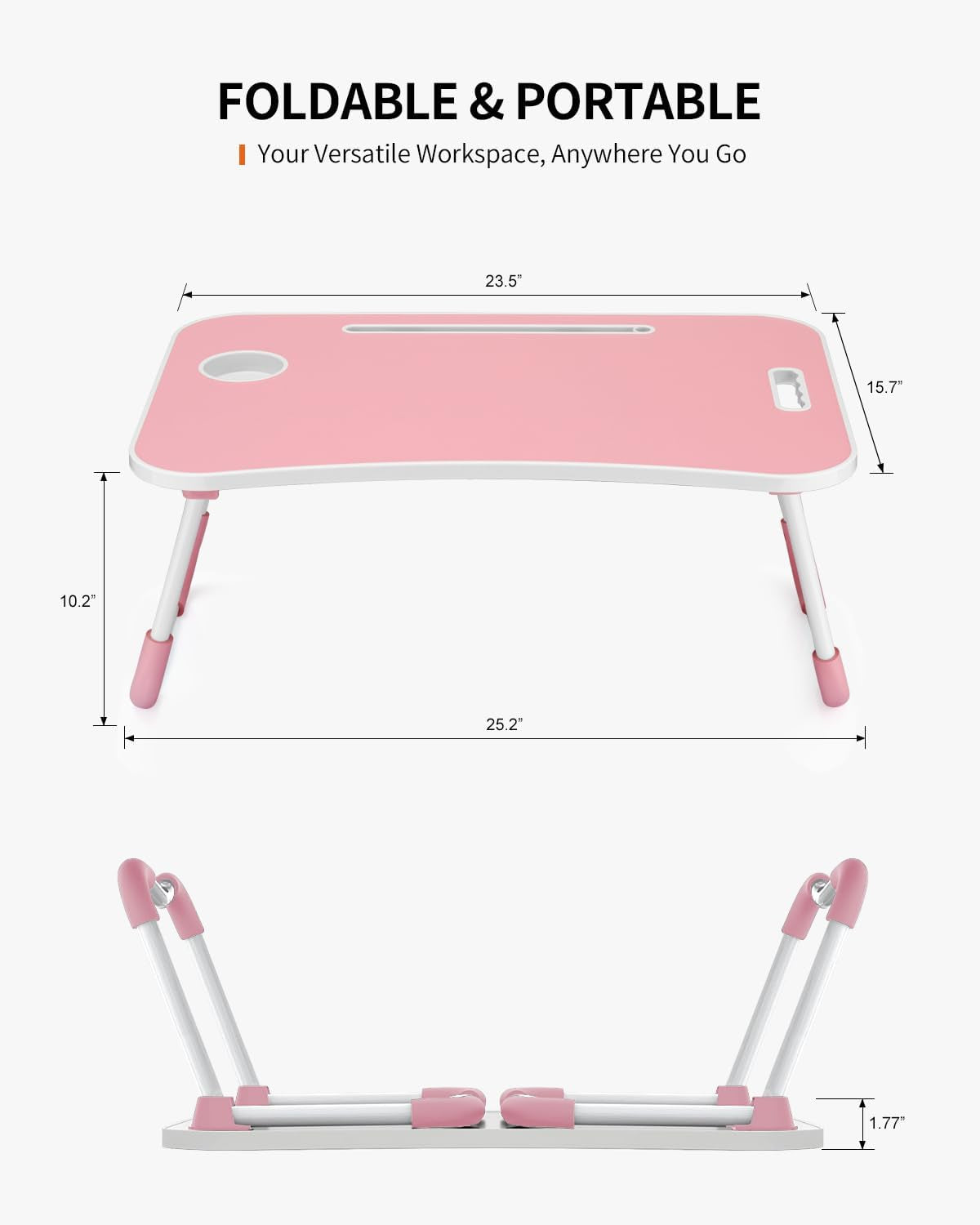 Foldable Laptop Table, Portable Lap Desk Bed Table Tray, Laptop Stand with Cup Holder & Tablet Slot & Lifting Handle for Working Writing Drawing & Eating (Pink)