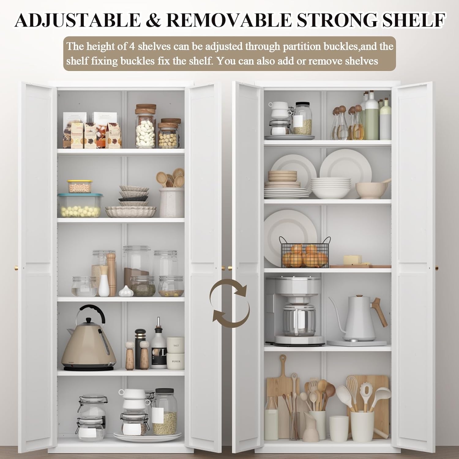 71" H Kitchen Pantry Storage Cabinet, Metal Food Pantry Cabinets with Doors and Adjustable Shelves, White Kitchen Storage Cabinet, Cupboard for Dining Room, Living Room and Bathroom