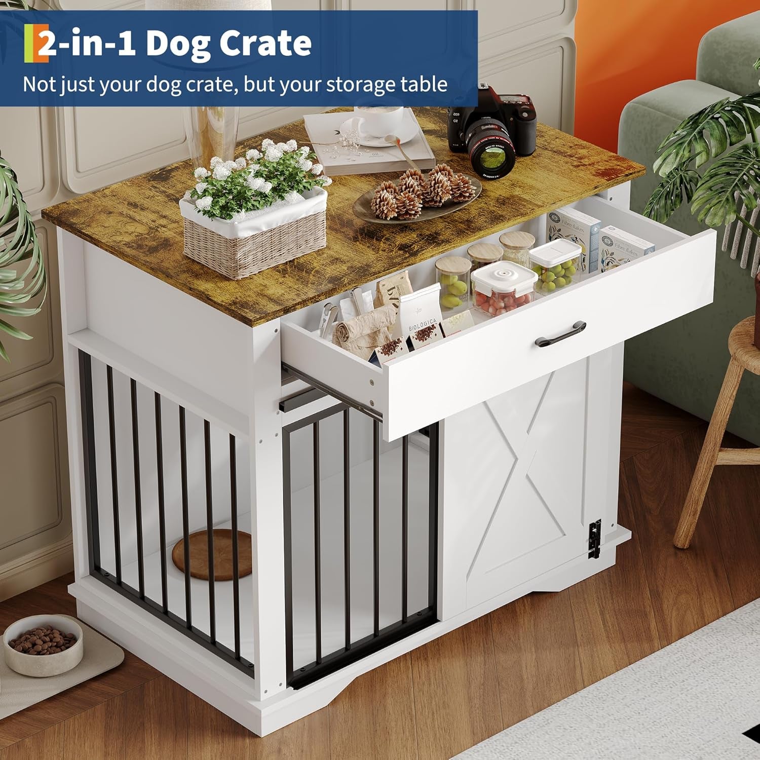 Dog Crate Furniture with Double Doors, 38 Inch Large Pet Cage House End Table with Storage Drawer & Sliding Barn Door, Indoor Wooden Dog Kennel Buffet Cabinet with Pet Cage House Side Table