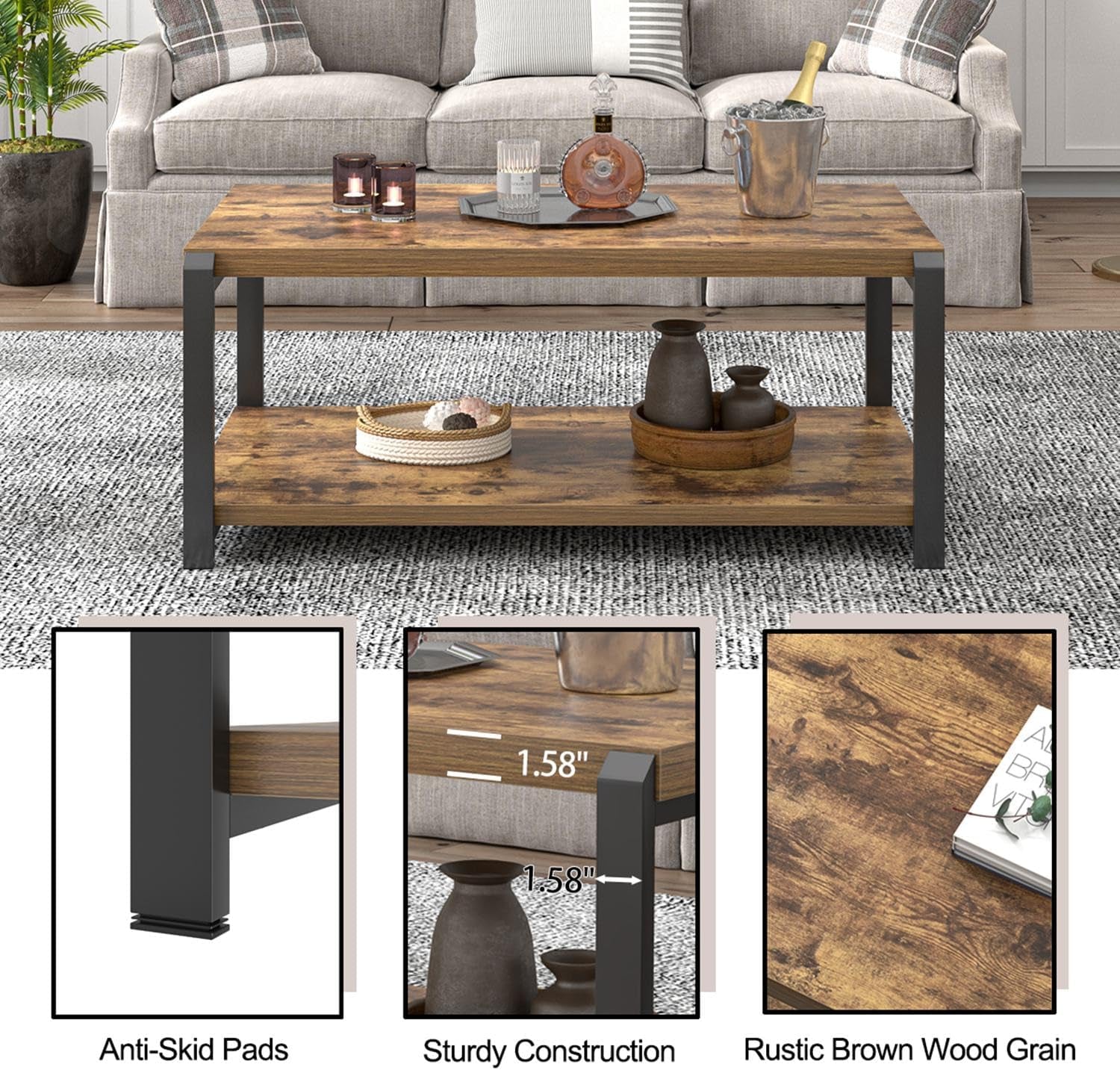 Modern Coffee Table, Industrial Wood and Metal Center Table, Cocktail Tea Tables for Living Room, Rustic Brown