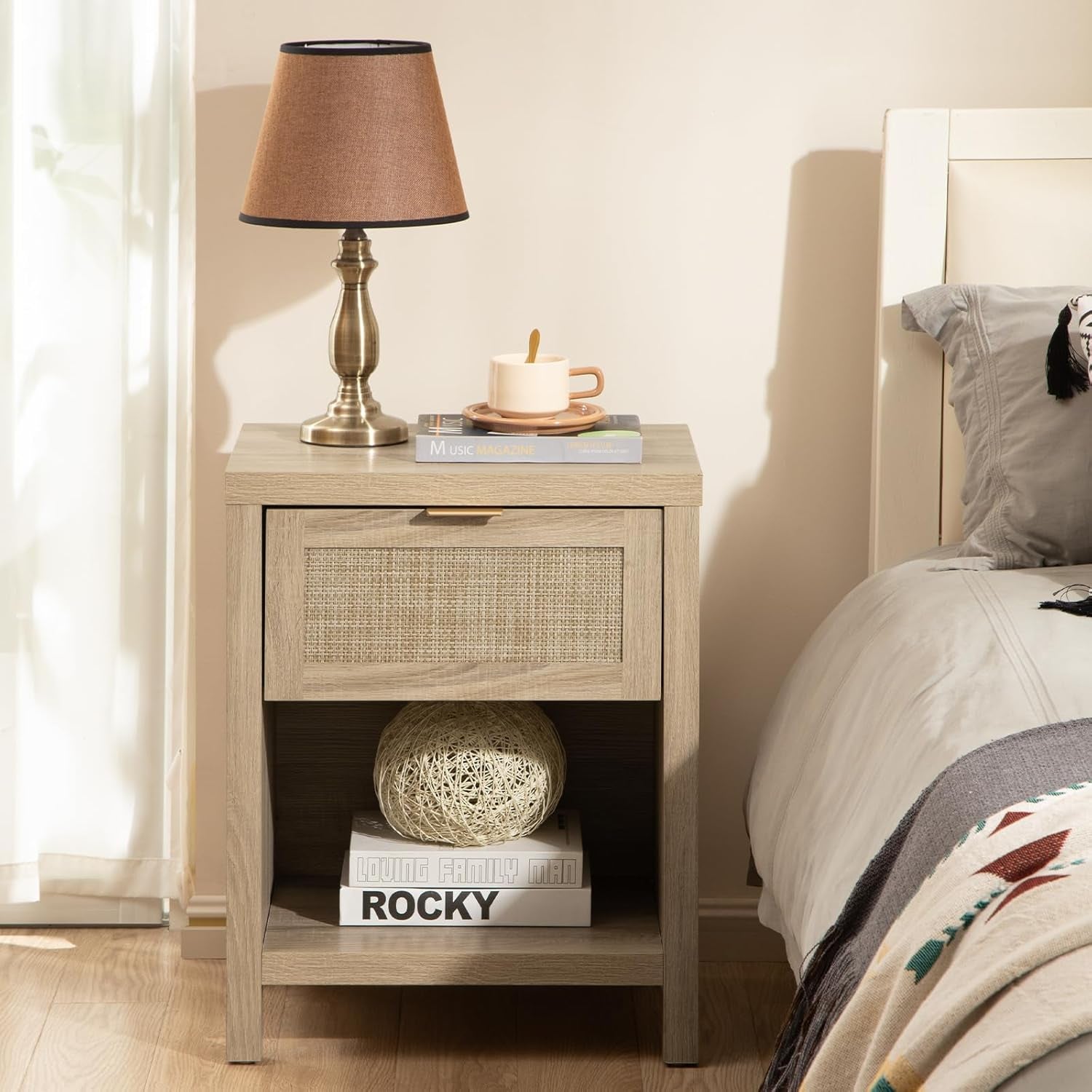 Rattan Nightstands Set of 2, Farmhouse Night Stand Bedside Table with Drawer and Storage Shelf - Boho End Side Table for Bedroom, Light Oak