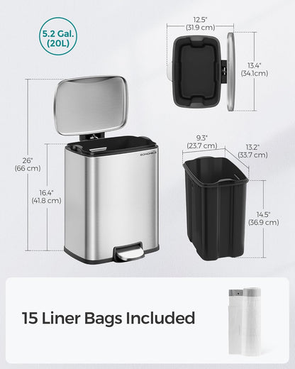Trash Can, Garbage Can with Lid, 5.2-Gallon (20L) Step Trash Bin for Kitchen, Stainless Steel, Soft Close and Stays Open, Inner Bucket, Includes 15 Trash Bags, Silver ULTB543E01